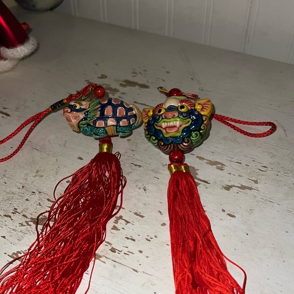 2 Vintage hand painted pottery Chinese hanging dragon & dragon turtle